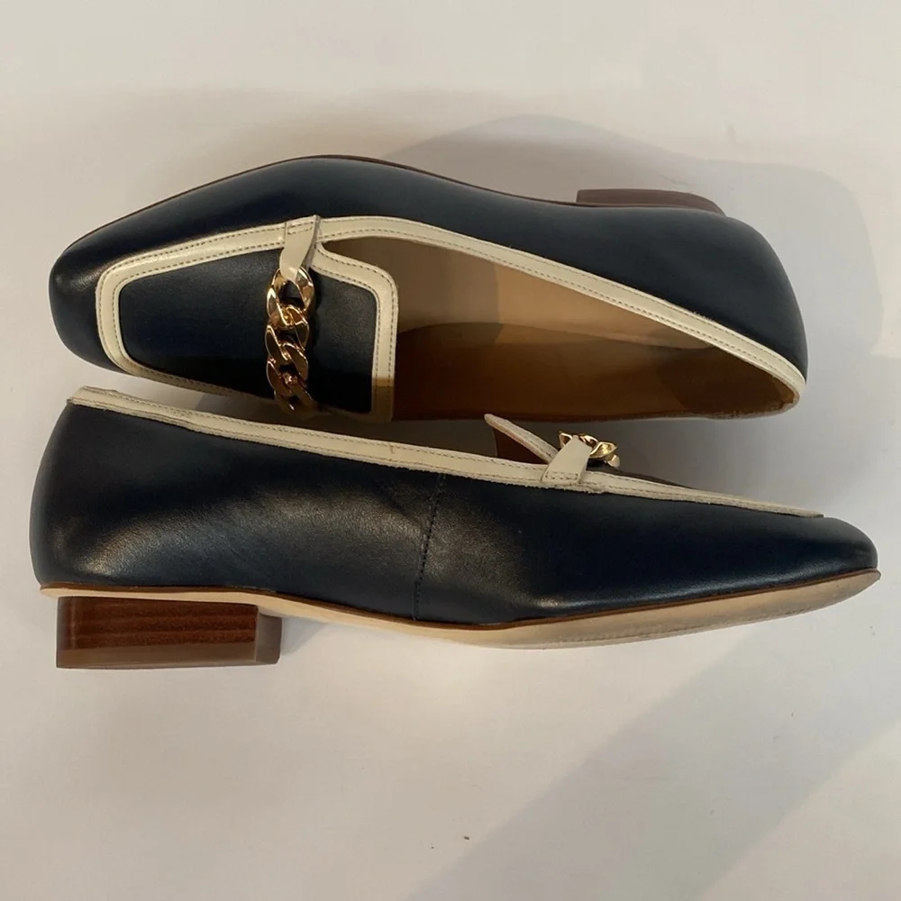 Talbots Estelle Chain Square Toe Leather Loafers Navy White Sz 6.5